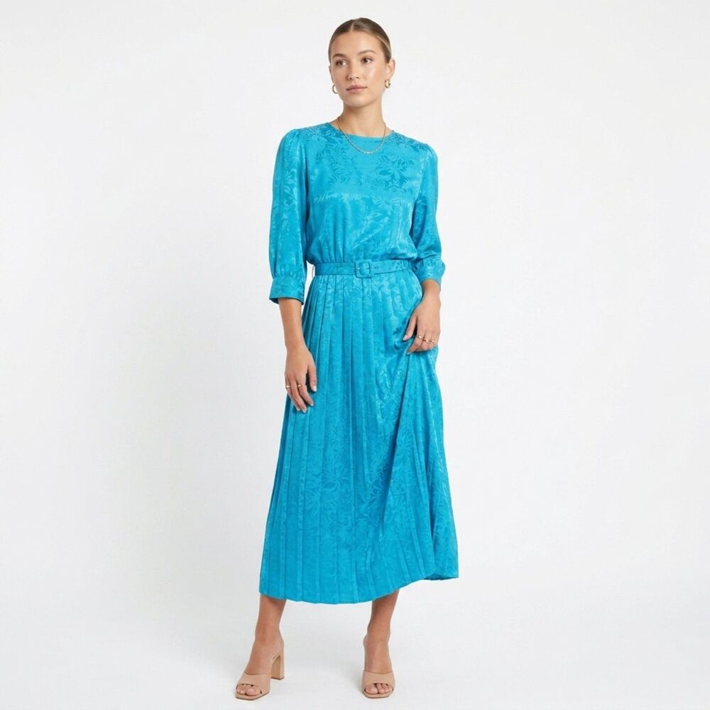 VTG 80s Floral Jacquard 100% Silk Pleated Belted 3/4 Sleeve Midi Dress Blue 10